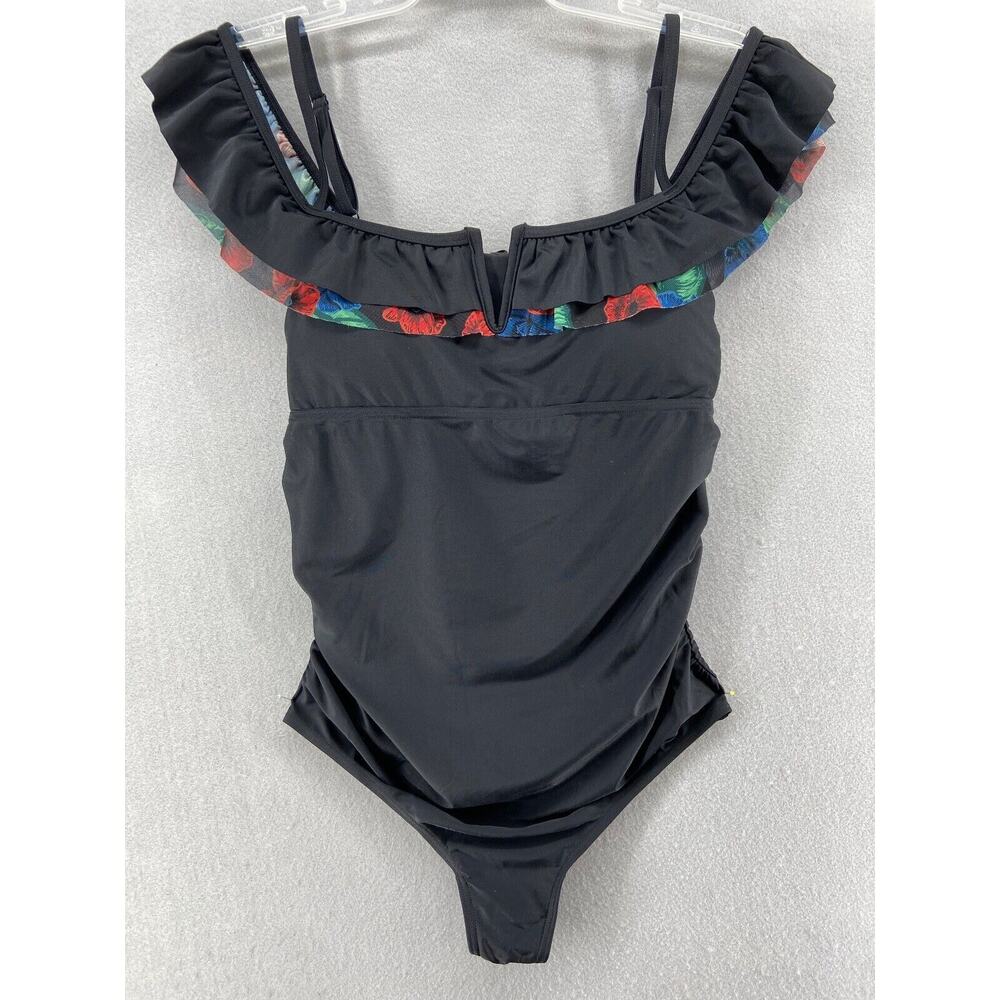 NWT KIMI AND KAI Swimsuit‎ Sz Small Maternity One-piece In Black w/Ruffle
